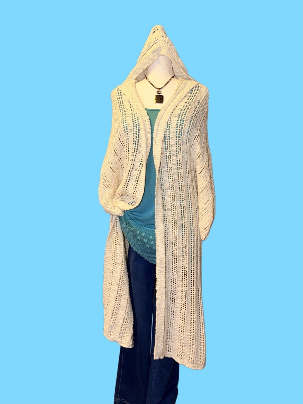 American Eagle Outfitters Cream Hooded Open-Knit Cardigan
